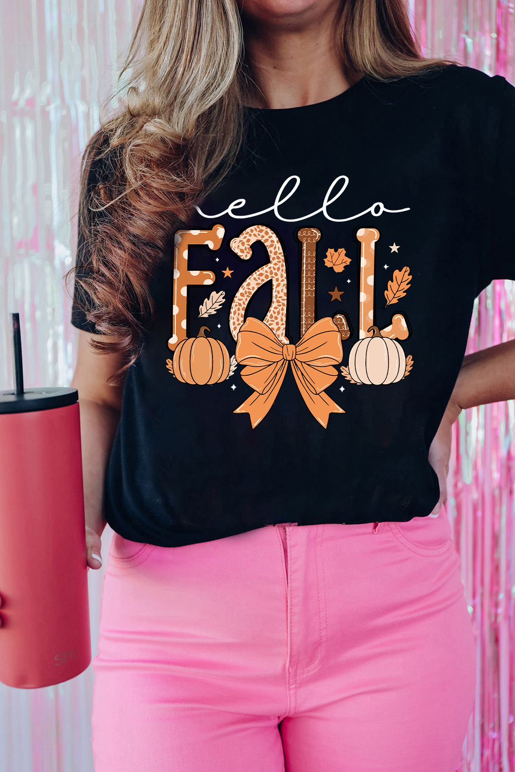 Black Hello Fall Thanksgiving Bow Pumpkin Graphic Tee - loveforevers
