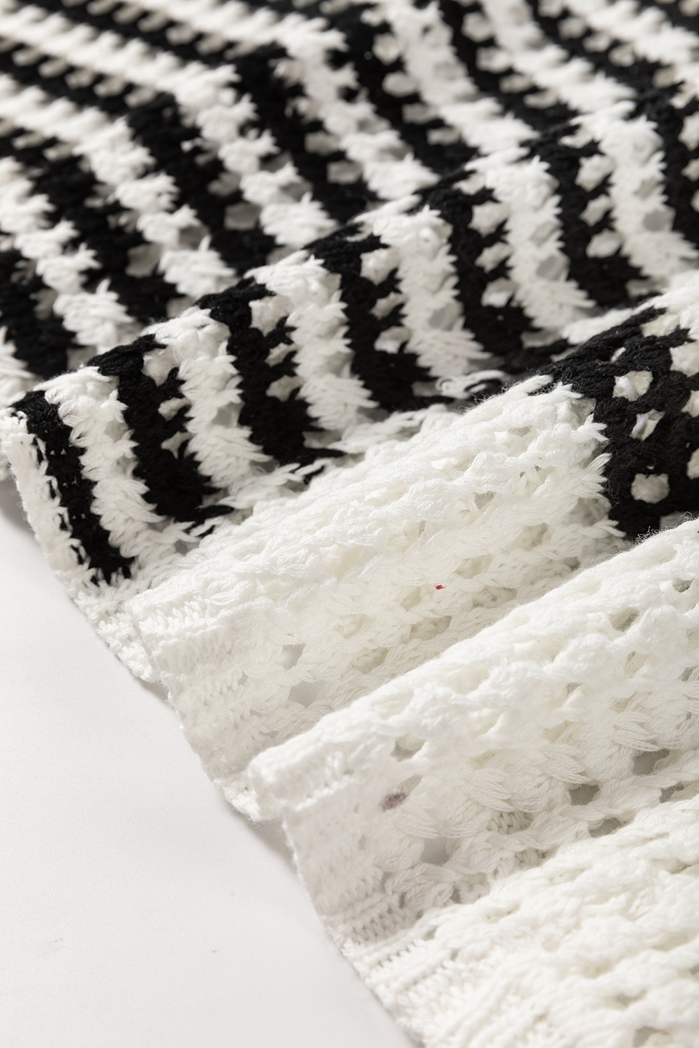 White Stripe Contrast Striped Crochet Puff Sleeve Sweater - loveforevers