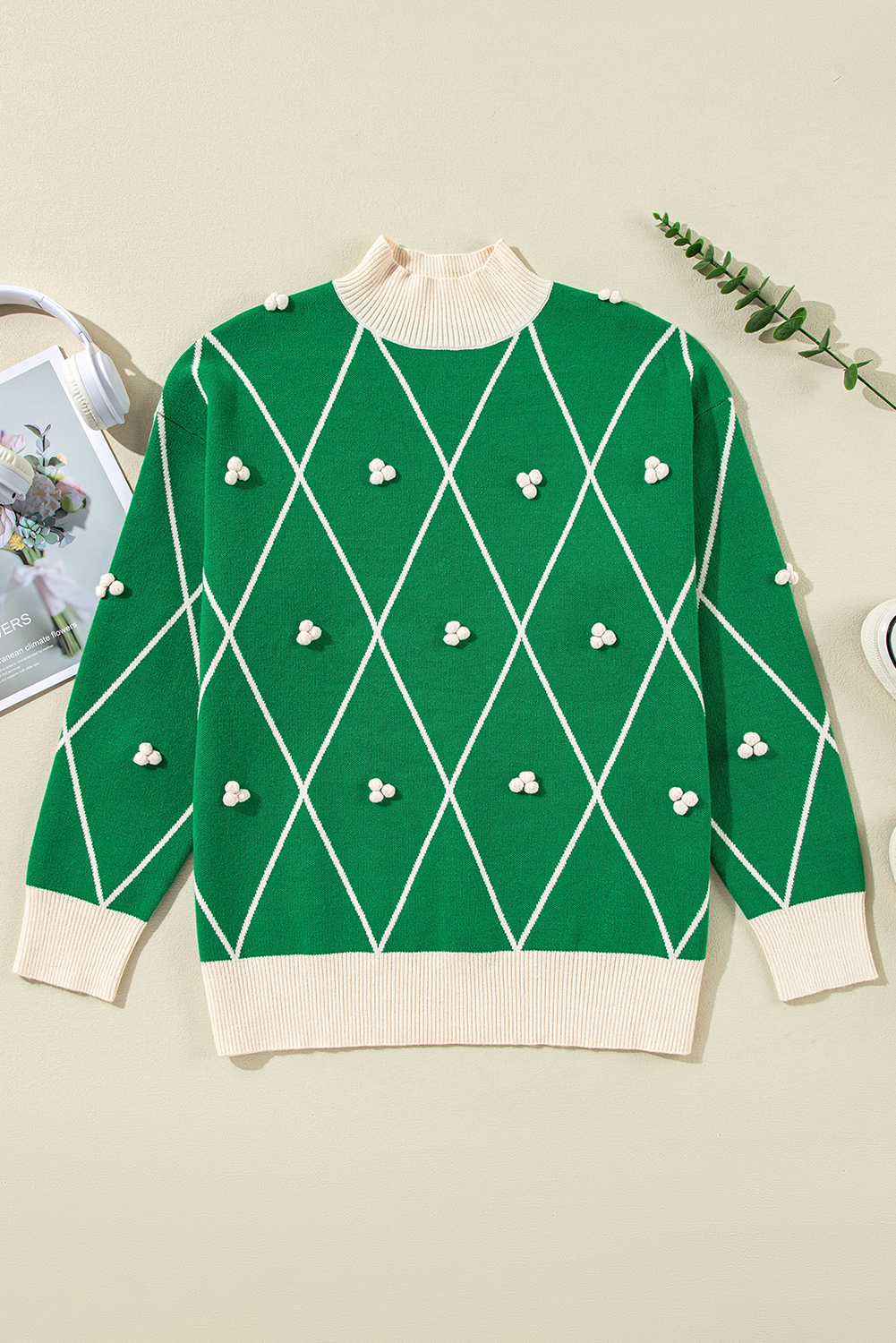 Dark Green Diamond Pattern Pom Accents Contrast Trim High Neck Sweater - loveforevers