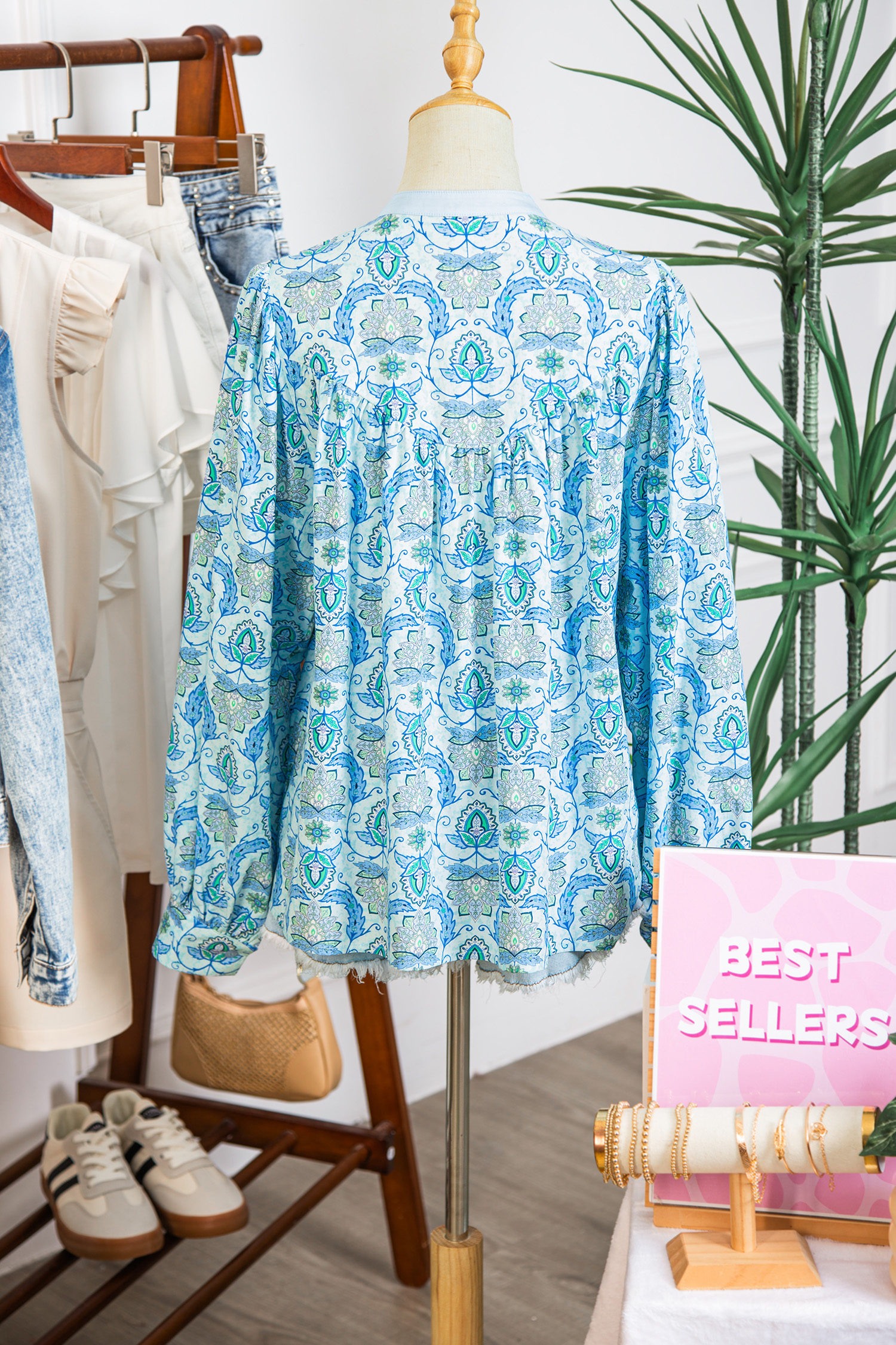 Sky Blue Paisley Print Puff Sleeve Loose Shirt - loveforevers