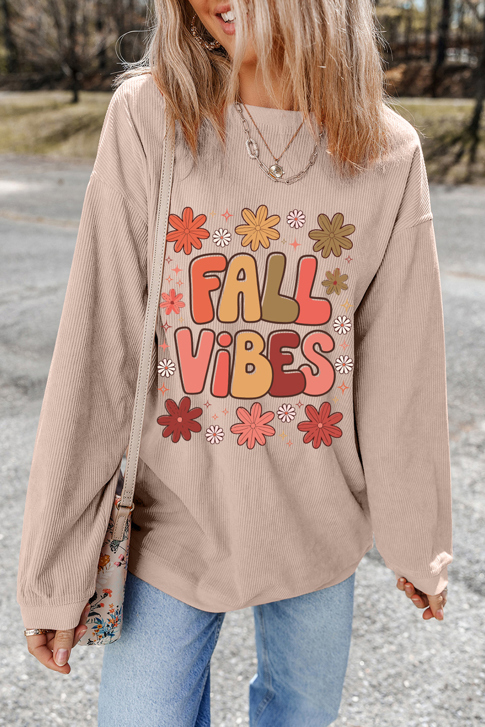 Apricot Twisted Rib FALL VIBE Graphic Baggy Sweatshirt - loveforevers