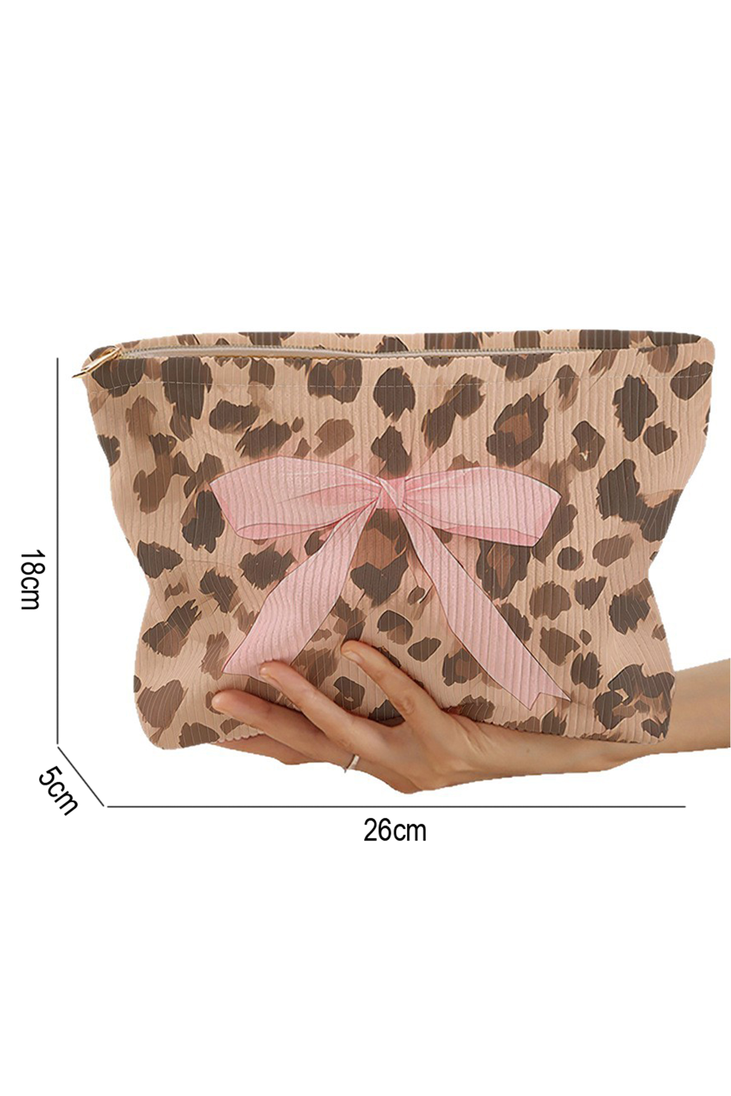 Camel Ribbon Bow Leopard Print Ribbed Cloth Makeup Bag - loveforevers