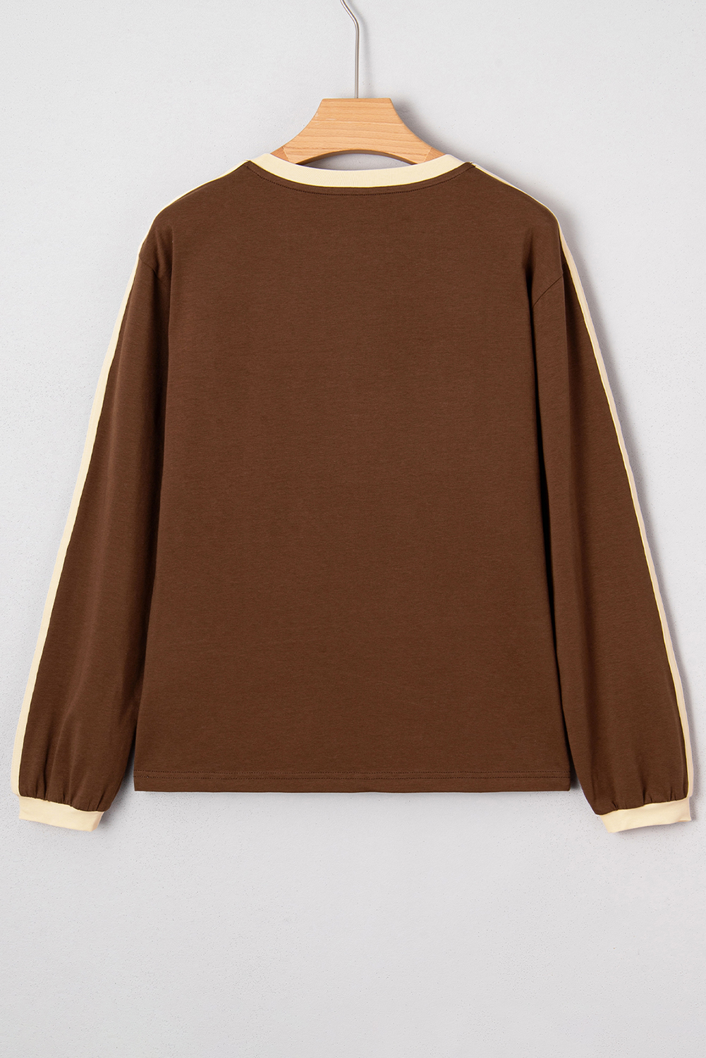 Dark Brown Varsity Striped Accent Contrast Crew Neck Long Sleeve T Shirt - loveforevers