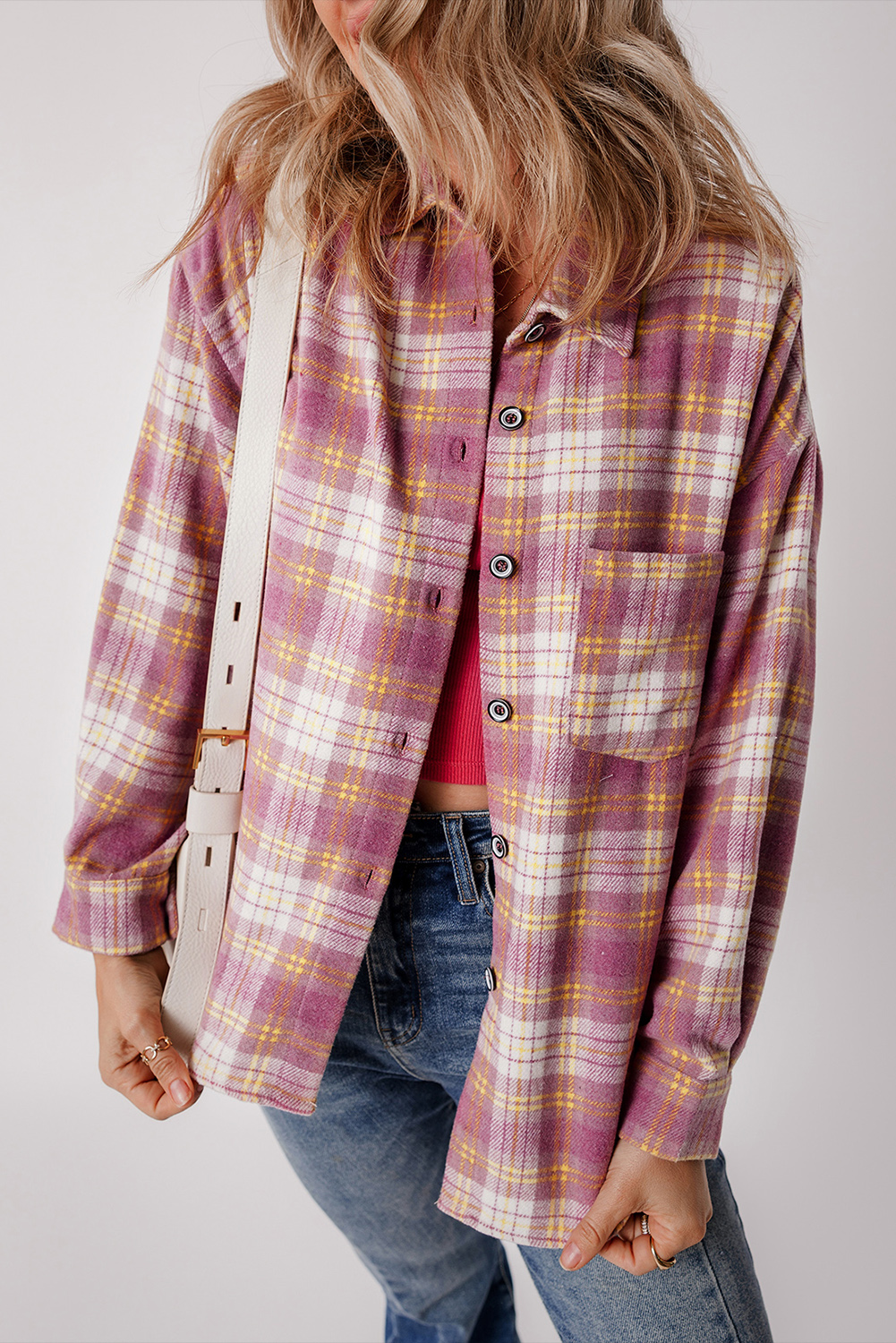 Pink Plaid Print Chest Pocket Long Sleeve Shacket - loveforevers