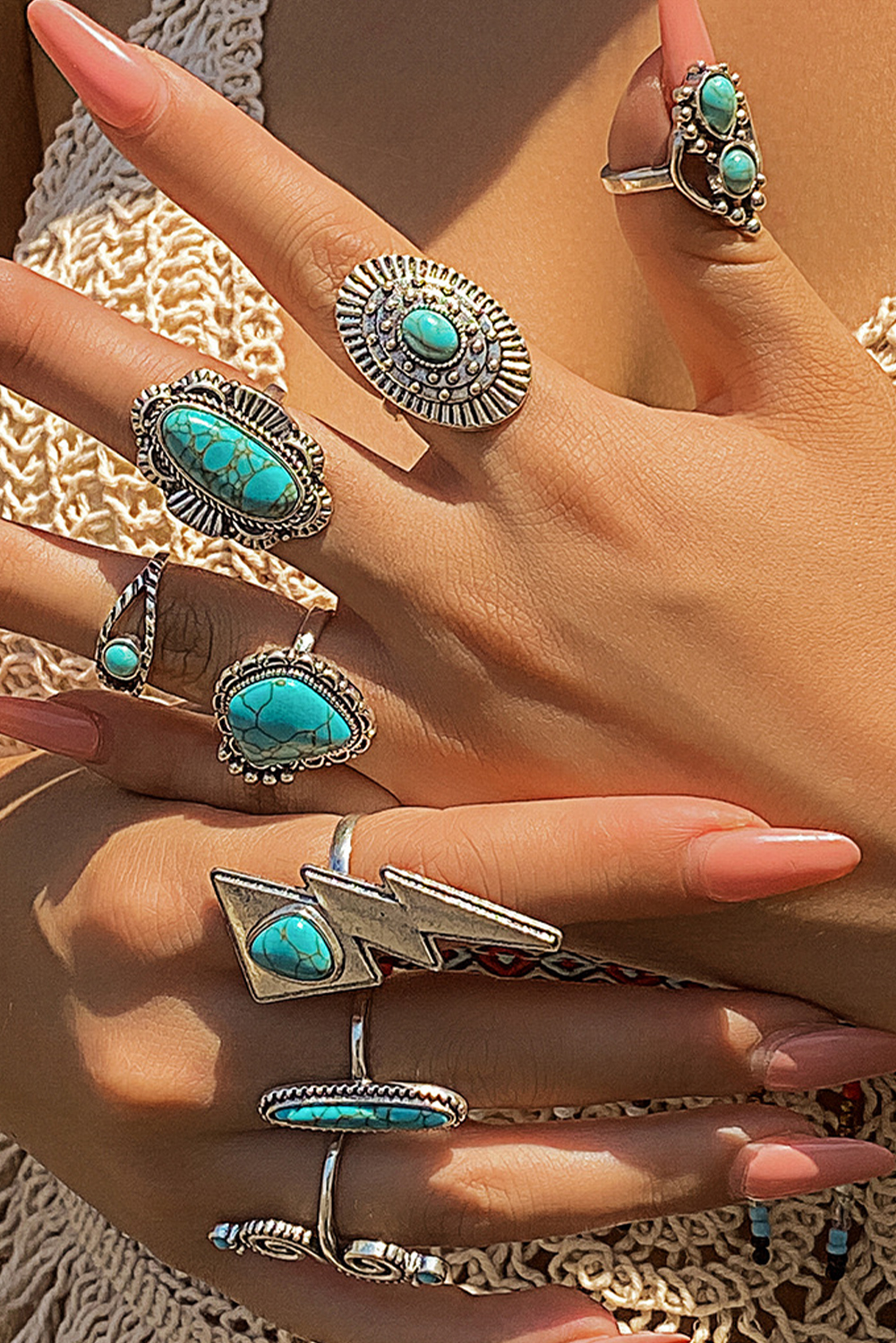 Silvery 8pcs Turquoise Inlay Western Ring Set - loveforevers