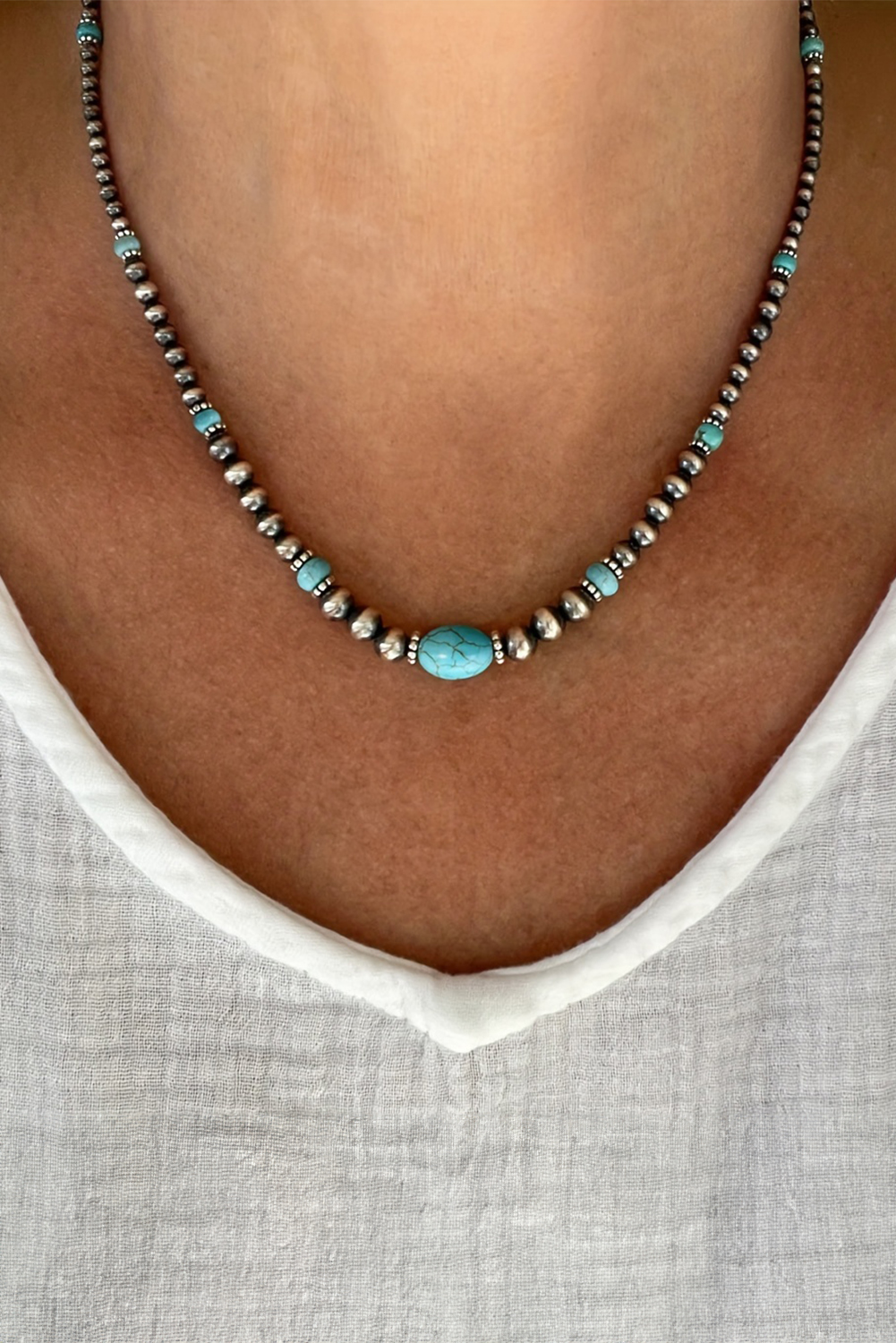 Silvery Western Turquoise Beaded Necklace and Earring Set - loveforevers