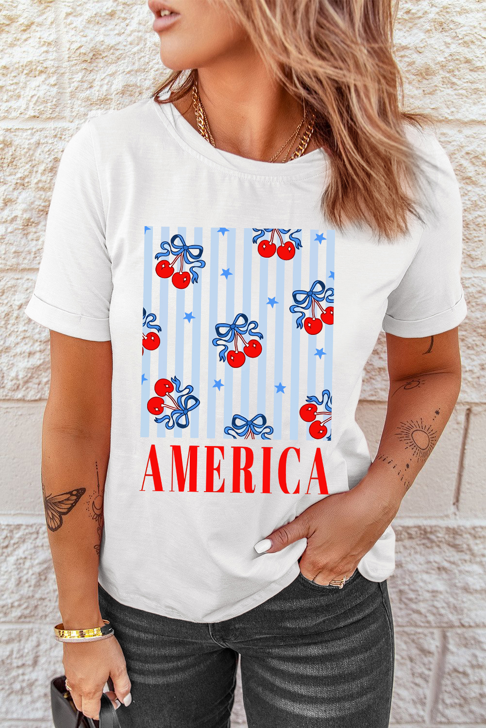 White Bow Cherry AMERICA Graphic Crewneck Patriotic T Shirt - loveforevers