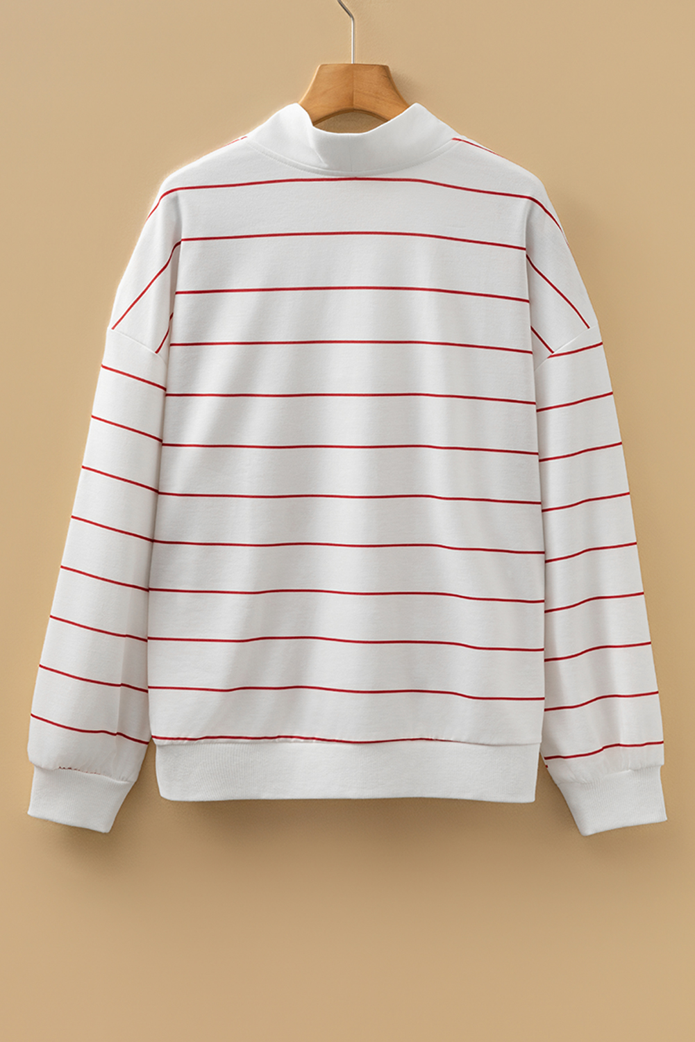 White Zip V Neck Casual Stripe Print Drop Shoulder Long Sleeve Top - loveforevers