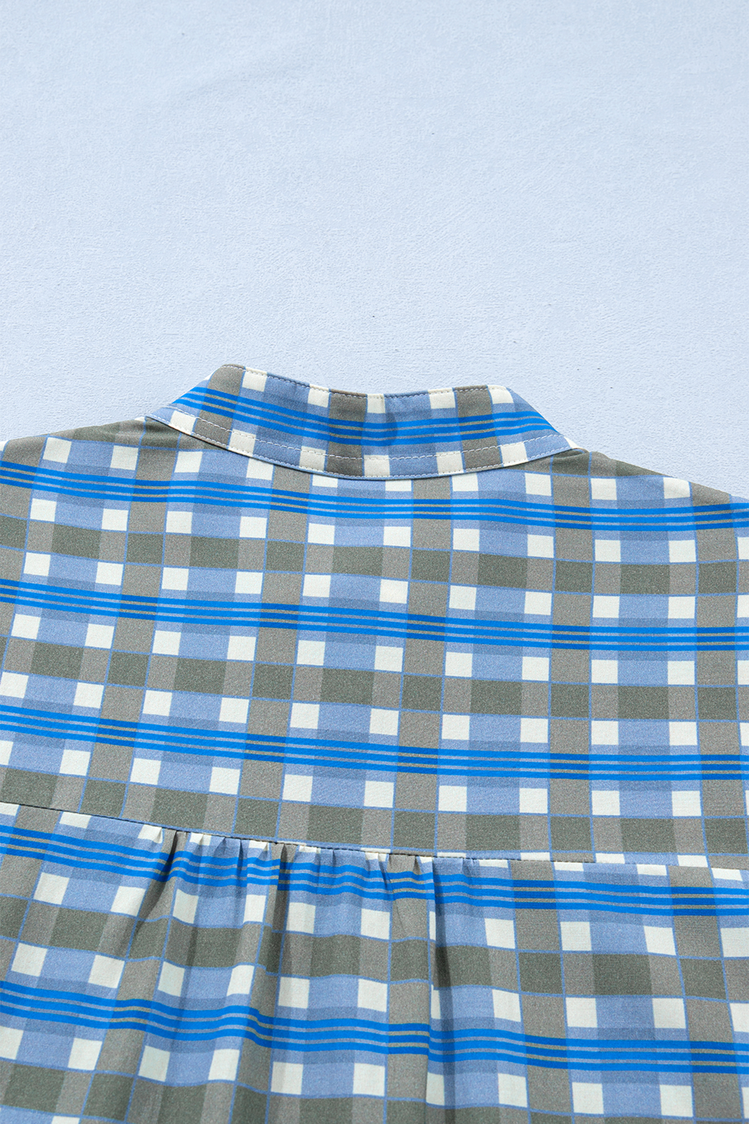Sky Blue Plaid Long Sleeve Frilled Detail Half Button Blouse - loveforevers
