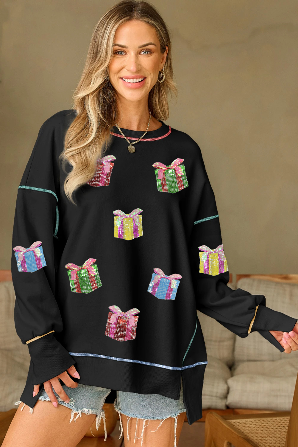 Black Contrast Trim Sequin Patched Christmas Gift Baggy Sweatshirt - loveforevers