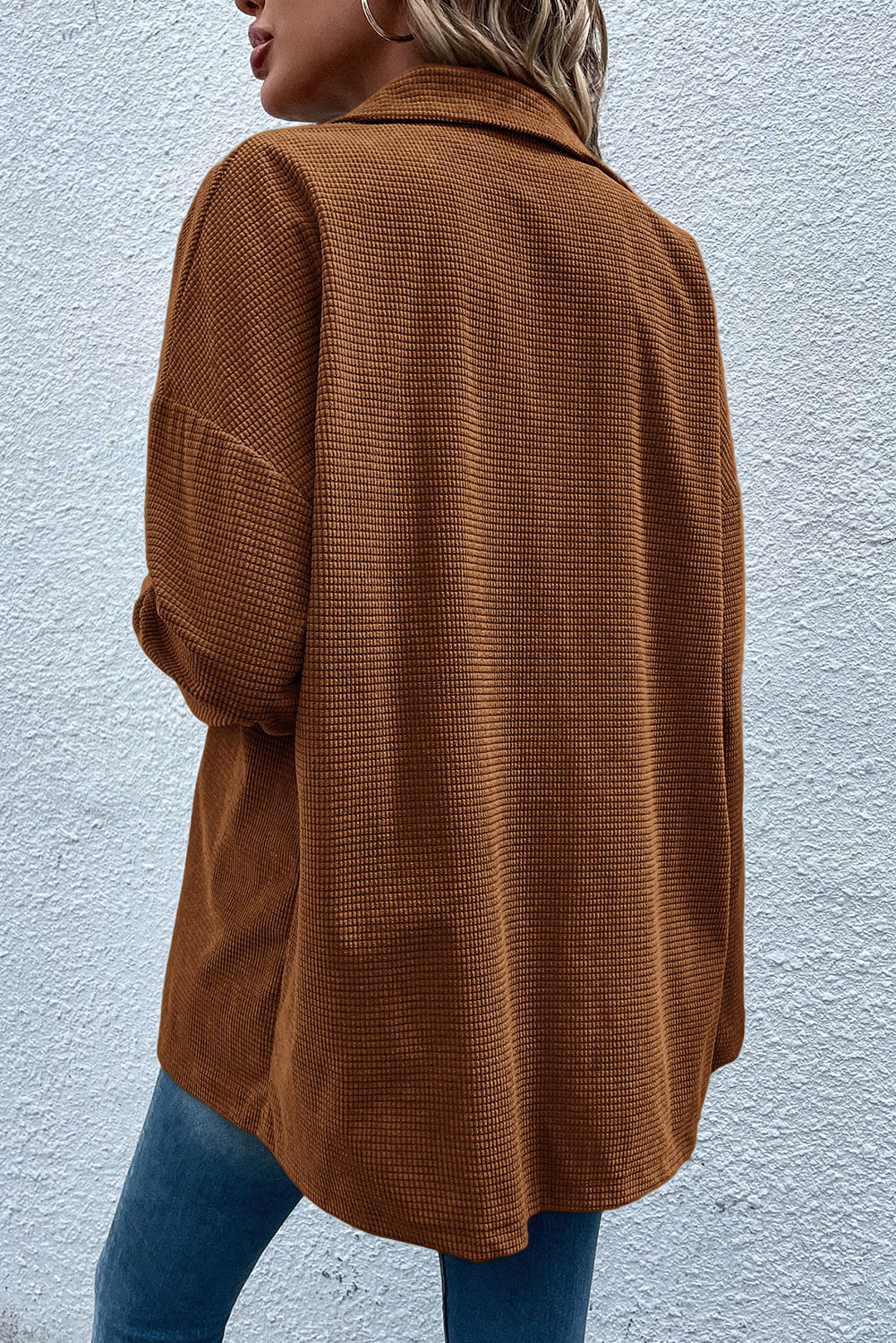 Brown Textured Flap Pocket Drop Shoulder Shacket - loveforevers