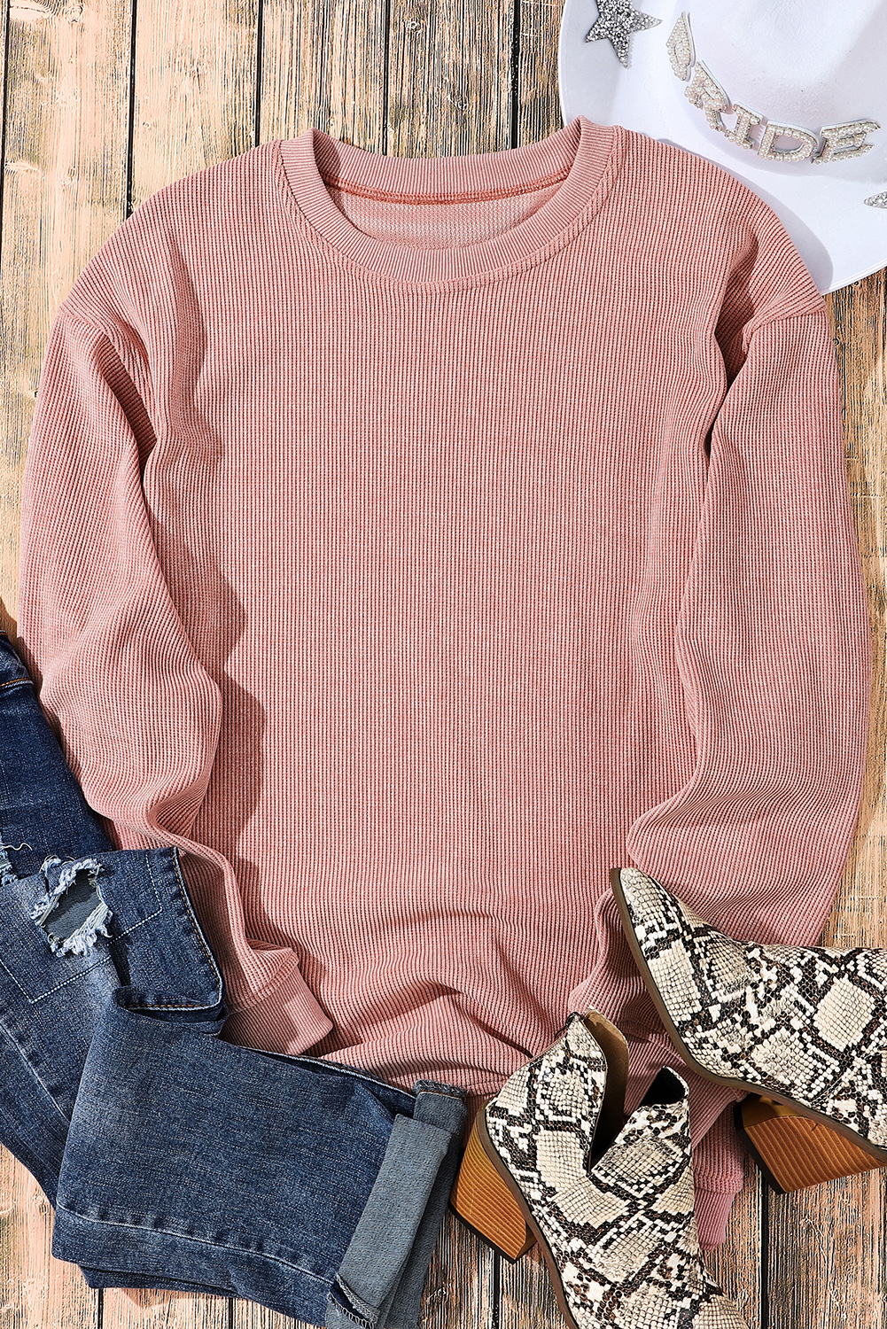 Pink Solid Ribbed Knit Round Neck Pullover Sweatshirt - loveforevers