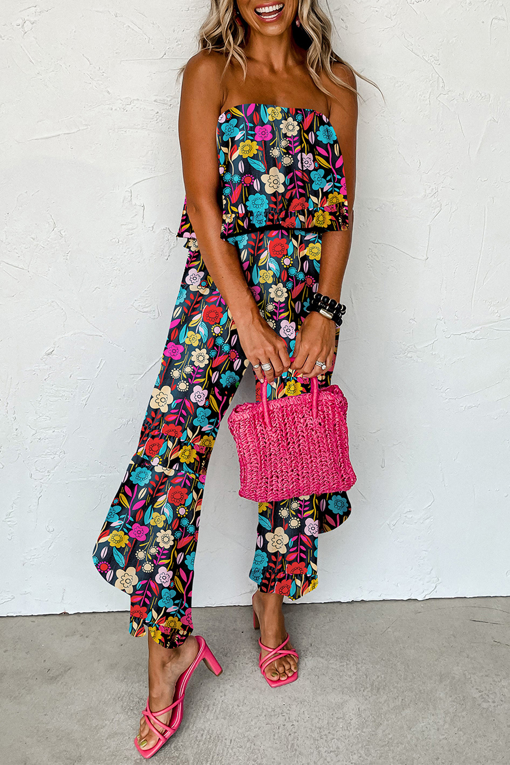 Red Mix Tropical Print Strapless Ruffled Jumpsuit - loveforevers