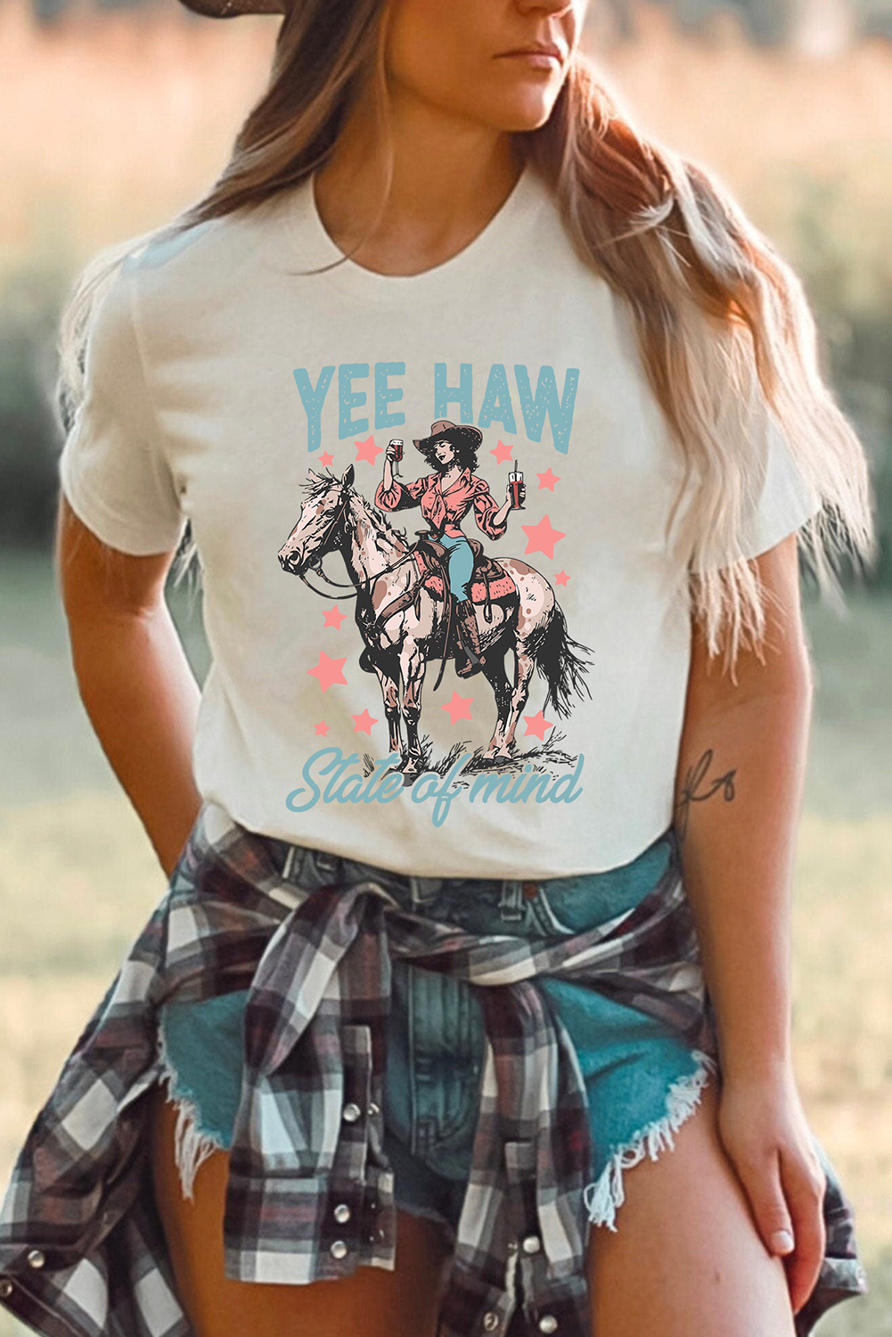 White YEE HAW State of  mind Cowgirl Graphic Western Fashion Tee - loveforevers