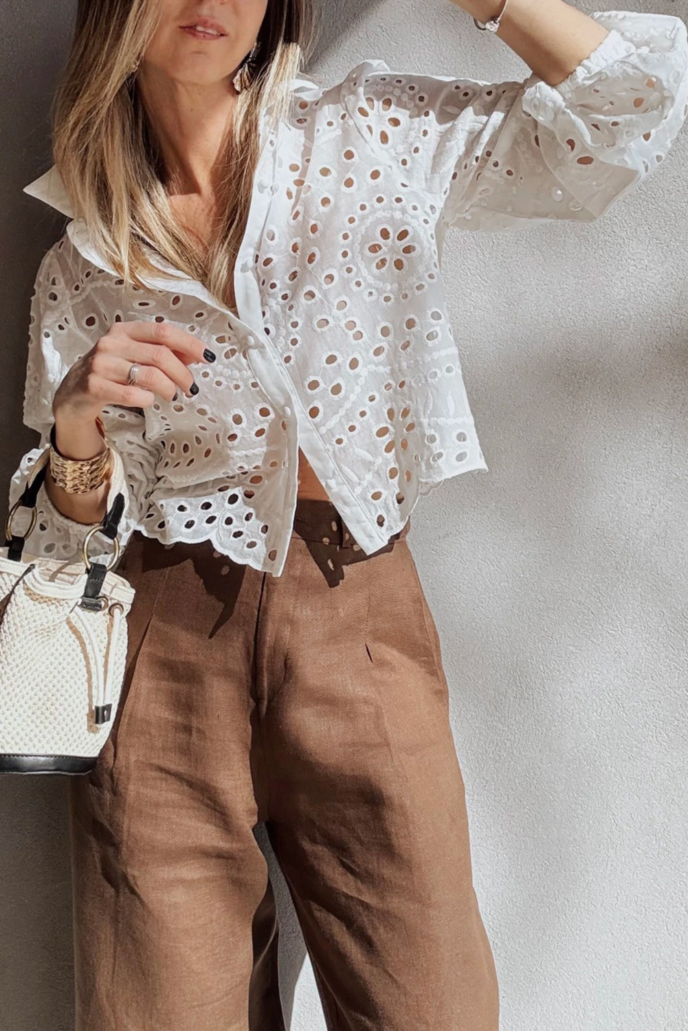 White Eyelet Embroidered Puff Sleeve Crop Shirt - loveforevers