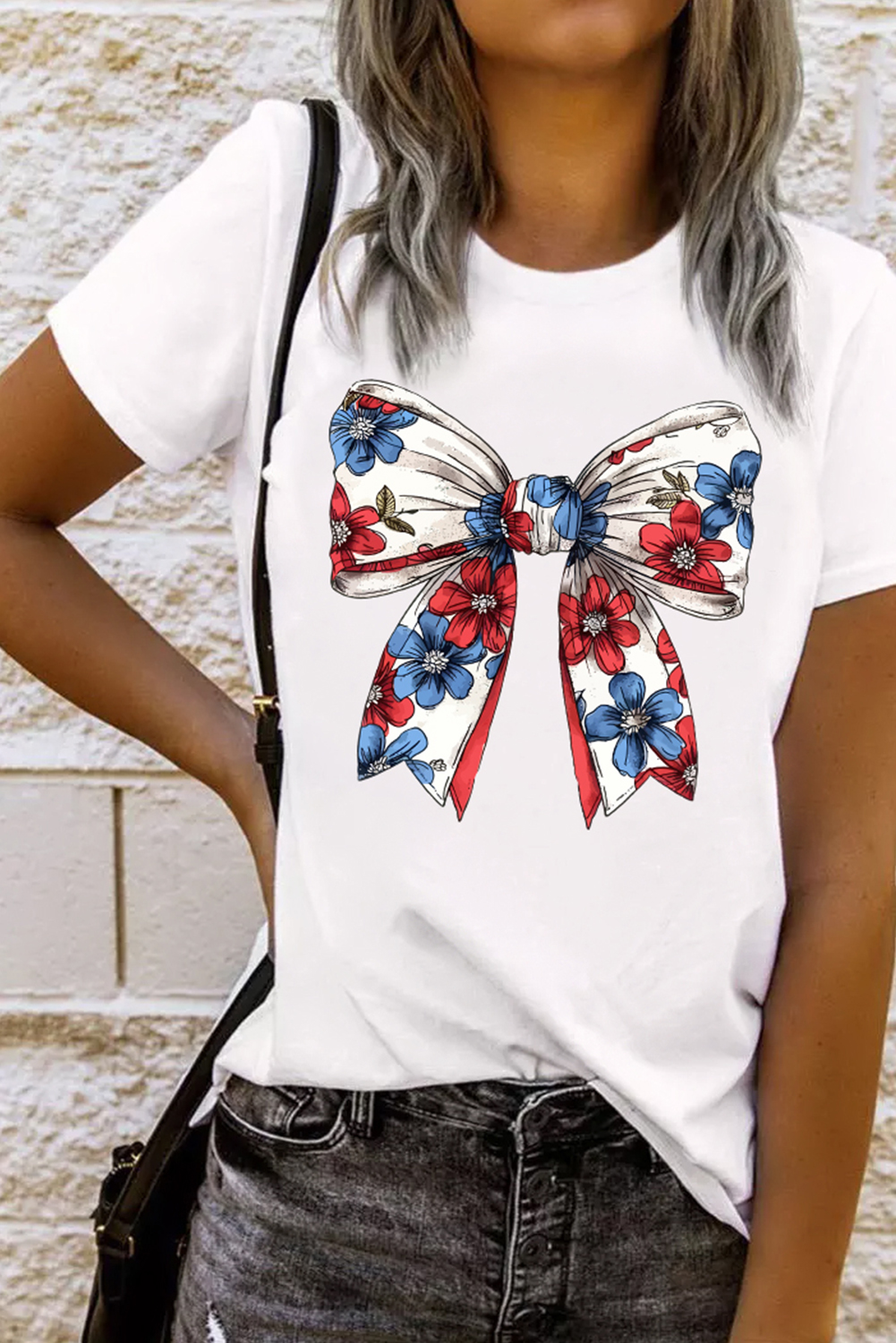 White July 4th Flower Bowknot Print Crew Neck T Shirt - loveforevers