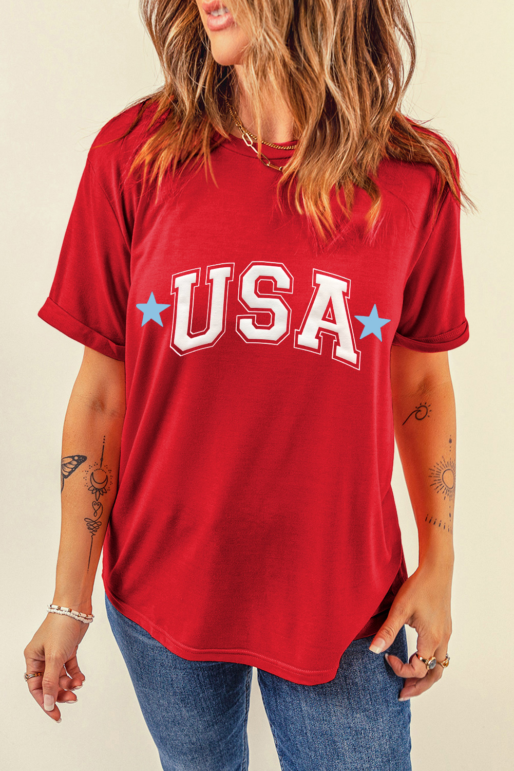 Red Star USA Print Crewneck Patriotic T Shirt - loveforevers