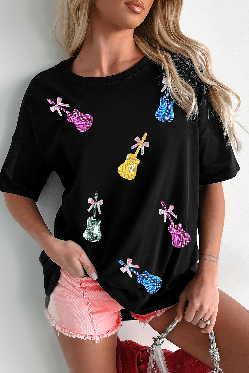 Black Sequined Bow Guitar Country Music Festival Casual Tee - loveforevers