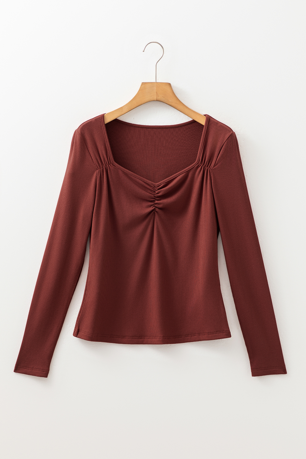 Burgundy Gathered Bust Square Neck Ribbed Fit Long Sleeve Top - loveforevers