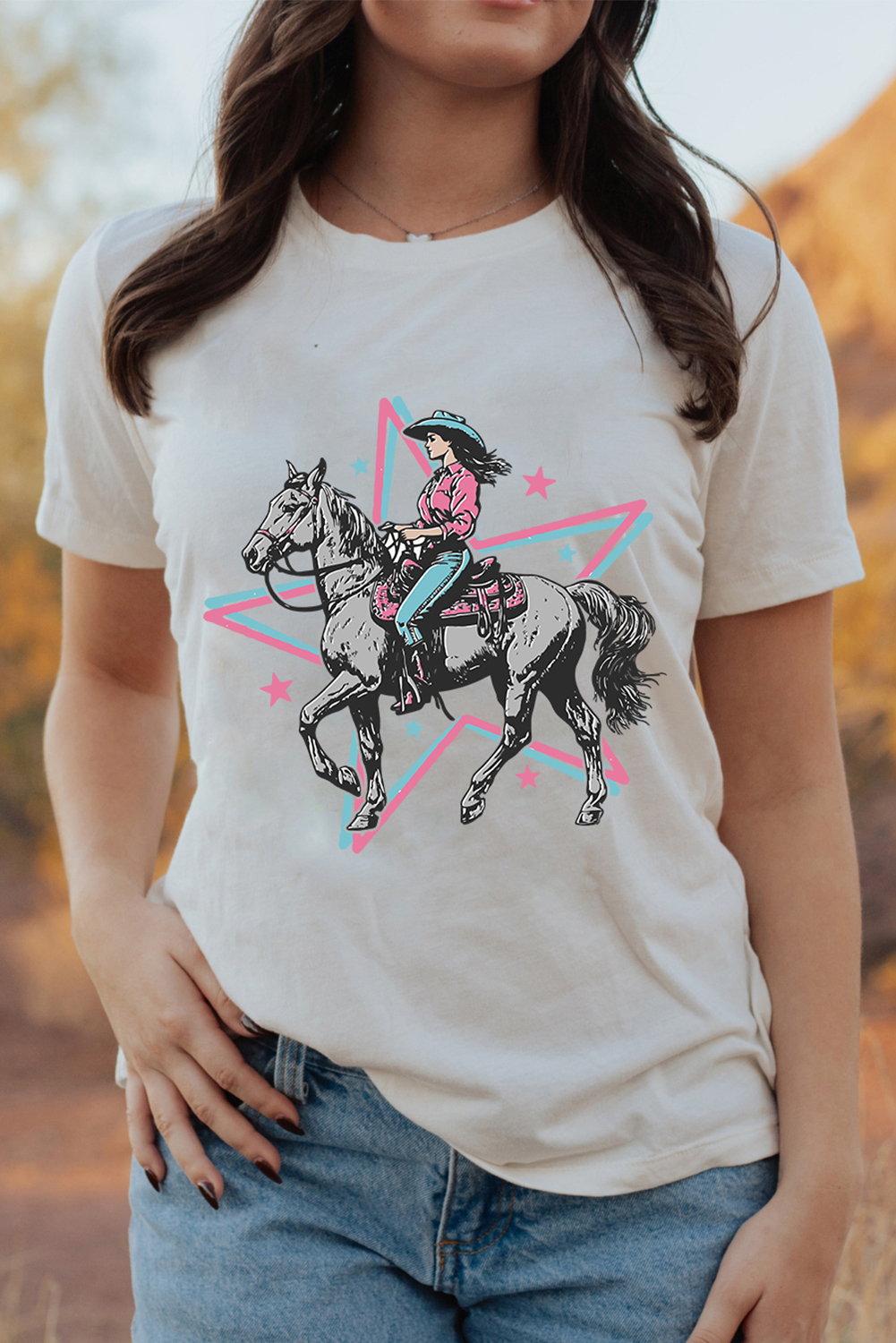 White Star Cowgirl Graphic Round Neck T Shirt - loveforevers
