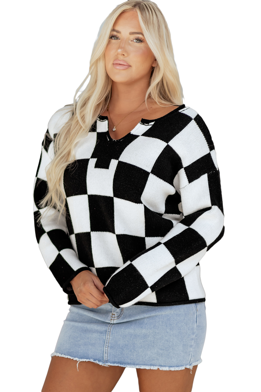 Black Checked Notched Neckline Drop Shoulder Knit Sweater - loveforevers