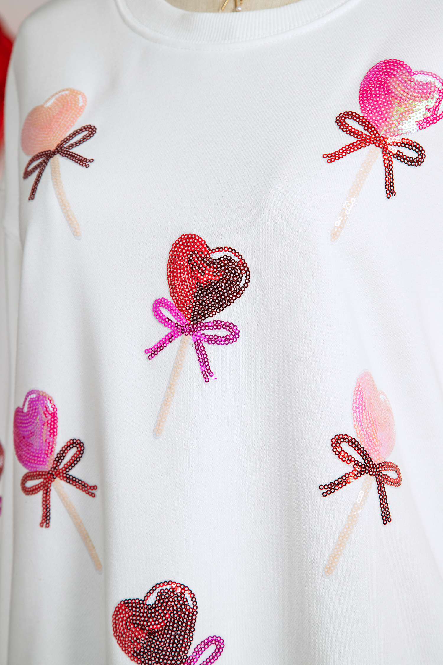 White Sequin Bow Heart Shape Lolly Valentines Day Graphic Sweatshirt - loveforevers