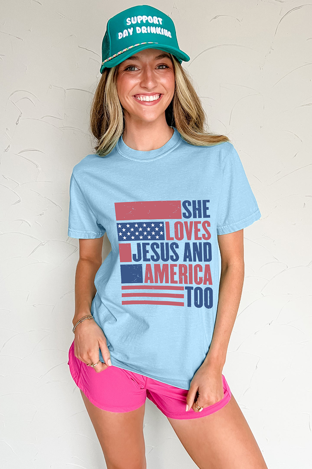 Light Blue SHE LOVES JESUS AND AMERICA TOO Flag Graphic T Shirt - loveforevers