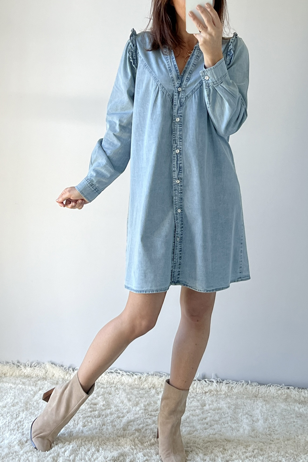 Myosotis Ruffled V Neck Buttoned Shift Denim Dress - loveforevers