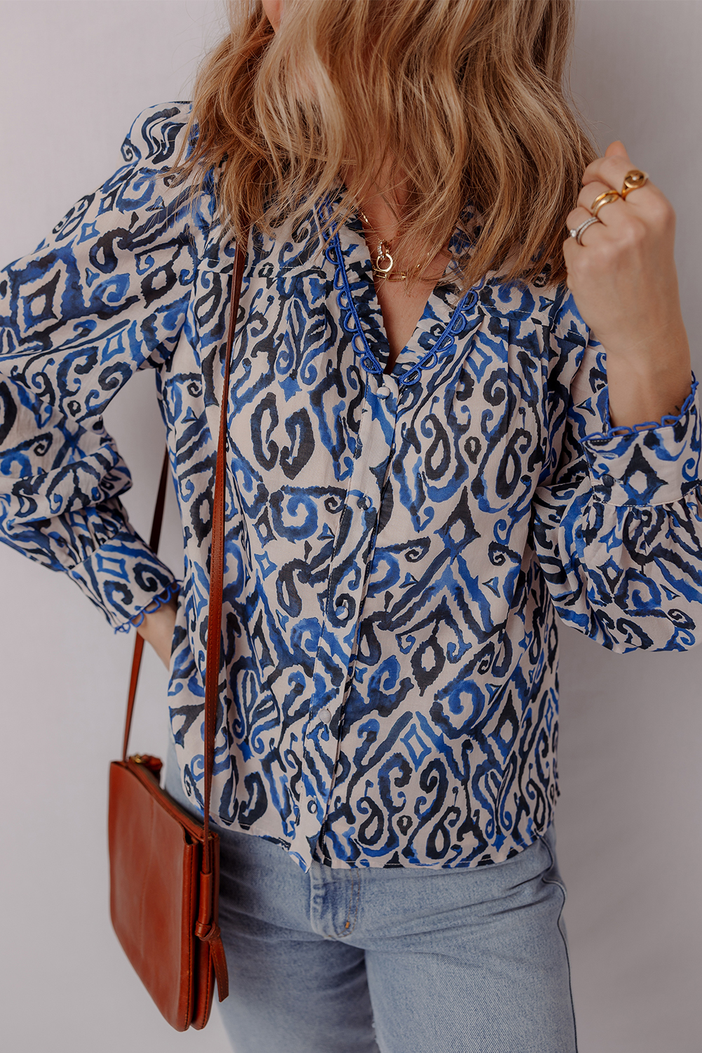 Blue Bohemian Print Embroidered V Neckline Detail Long Sleeve Shirt - loveforevers