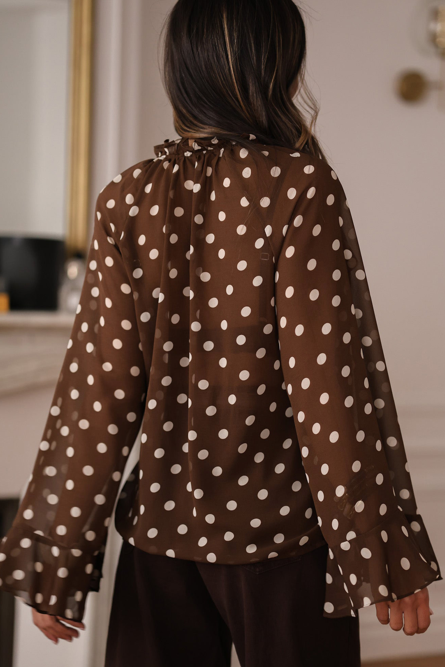 Coffee Polka Dot Print Ruffle Trim V Neck Long Bell Sleeve Blouse - loveforevers