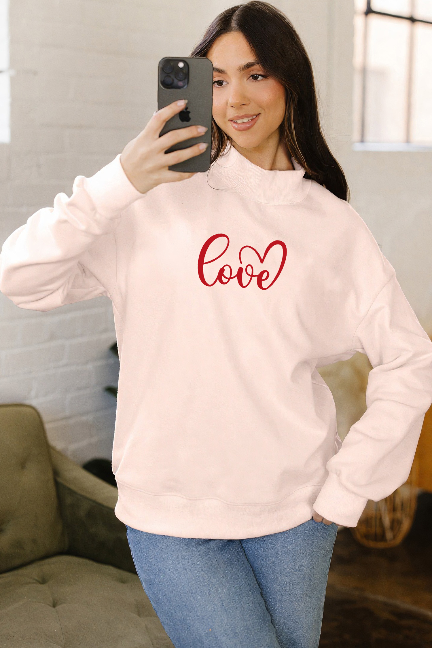 Apricot Pink Mock Neck Love Letter Embroidered Valentines Day Sweatshirt - loveforevers