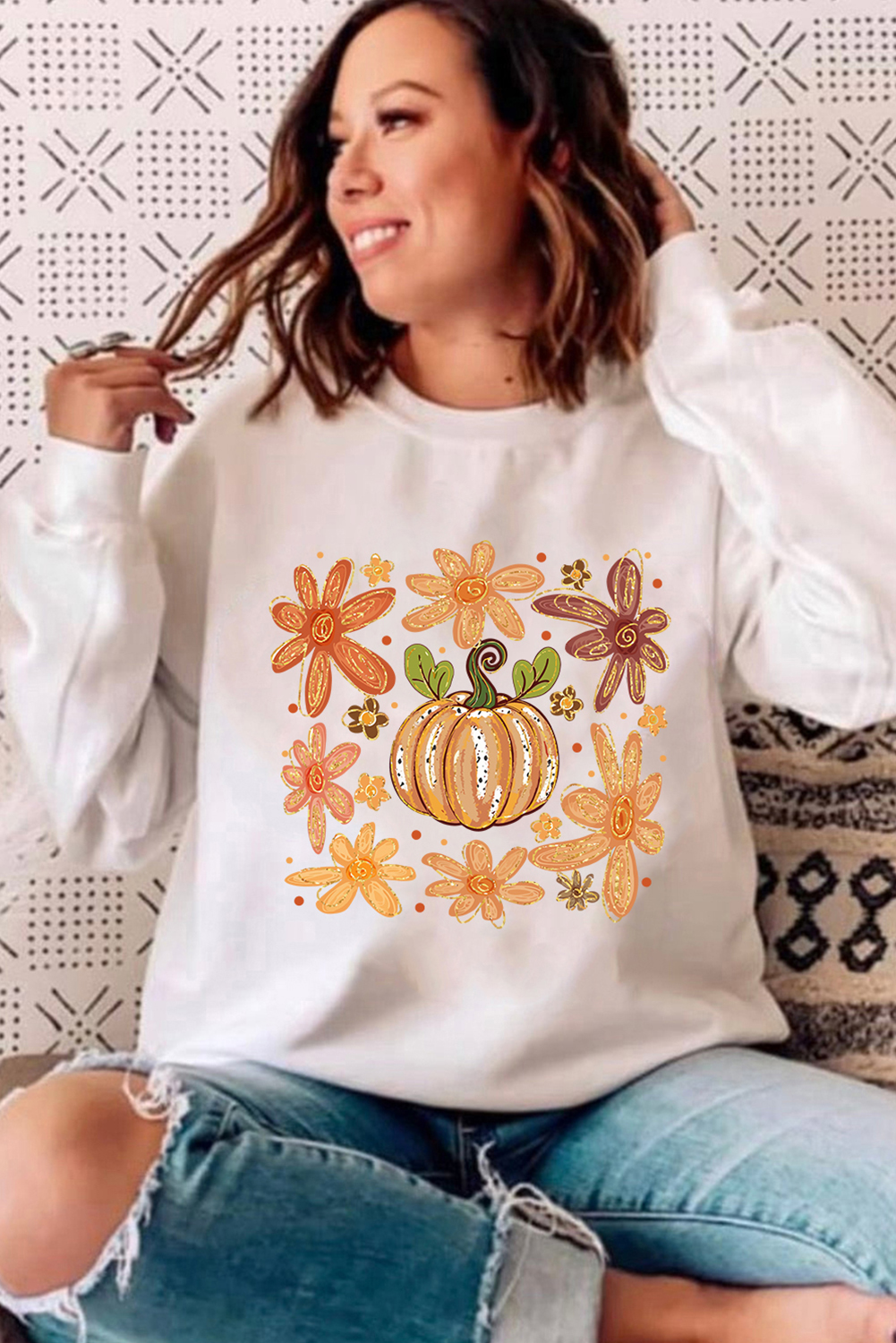 White Flower Pumpkin Printed Cotton Blend Sweatshirt - loveforevers