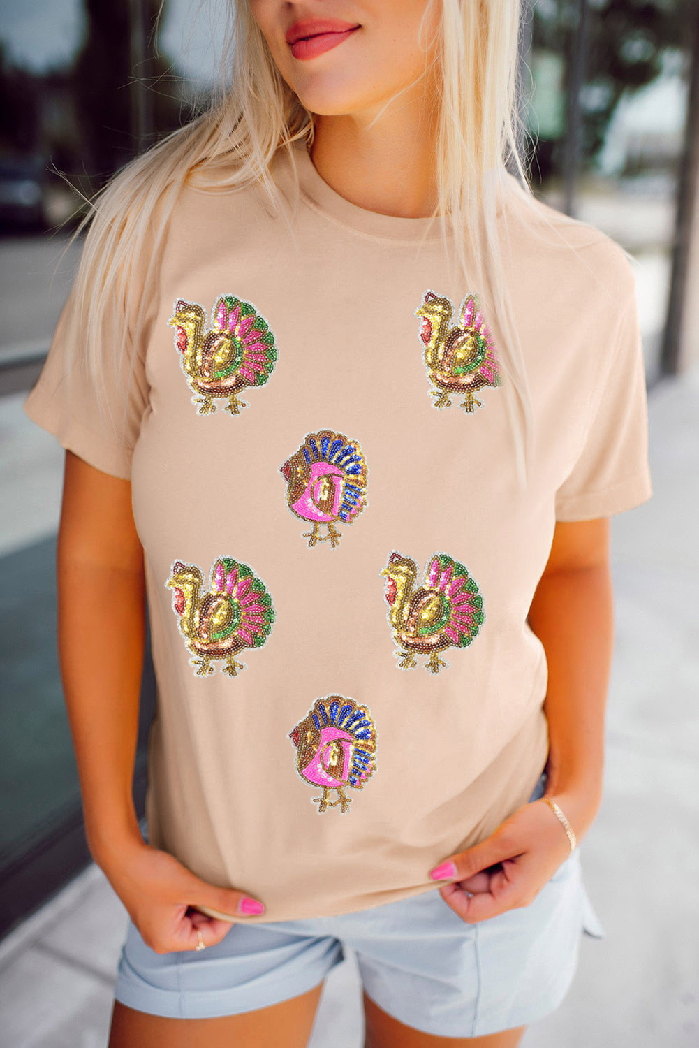 Khaki Sequin Turkey Patched Thanksgiving Graphic Tee - loveforevers
