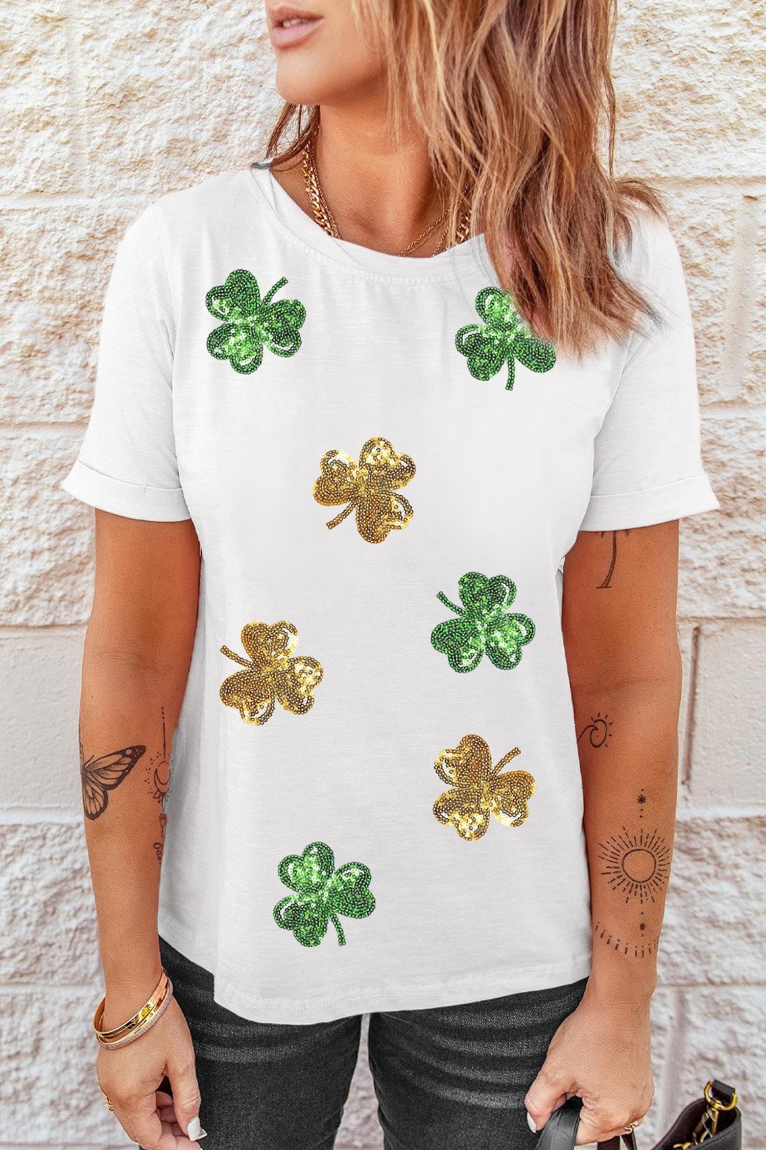White 2-tone Sequin Clovers St Patricks Day T Shirt - loveforevers