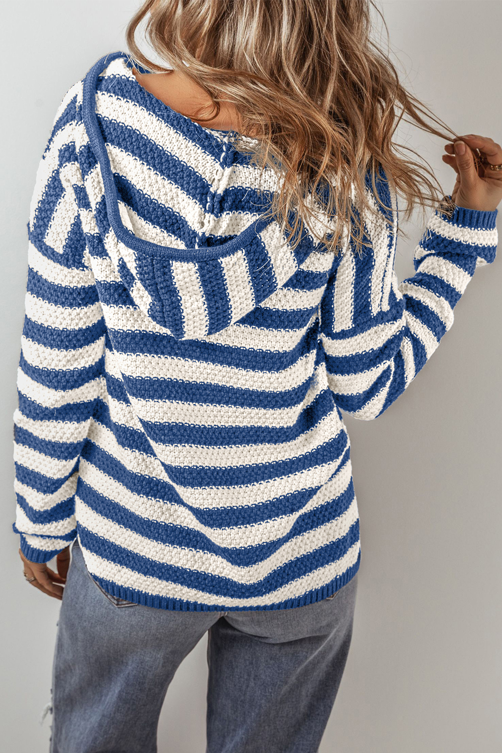 Blue Stripe V Neck Pocketed Drawstring Hooded Sweater - loveforevers