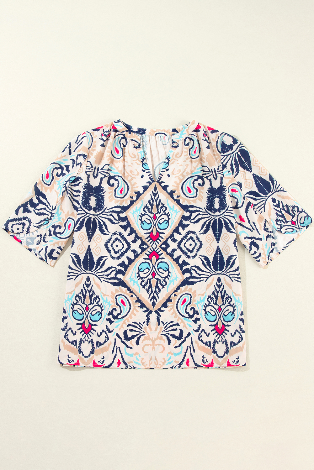 White Abstract Printed Notched V Neck Split Half Sleeve Blouse - loveforevers