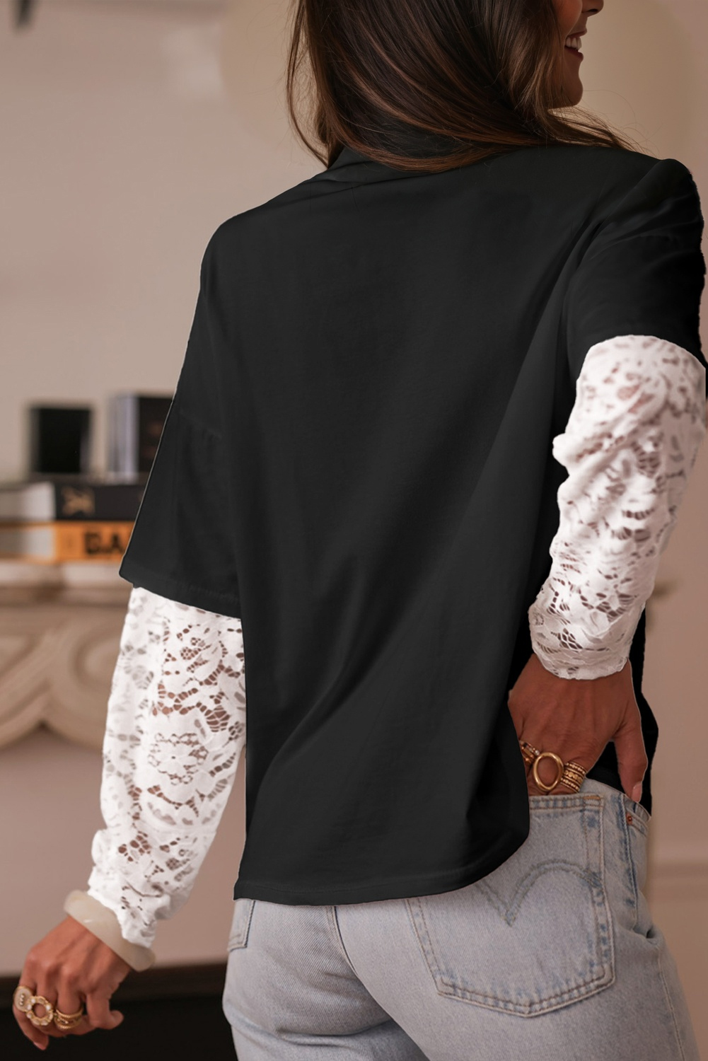 Black Lace Long Sleeve Insert Drop Shoulder Tee - loveforevers