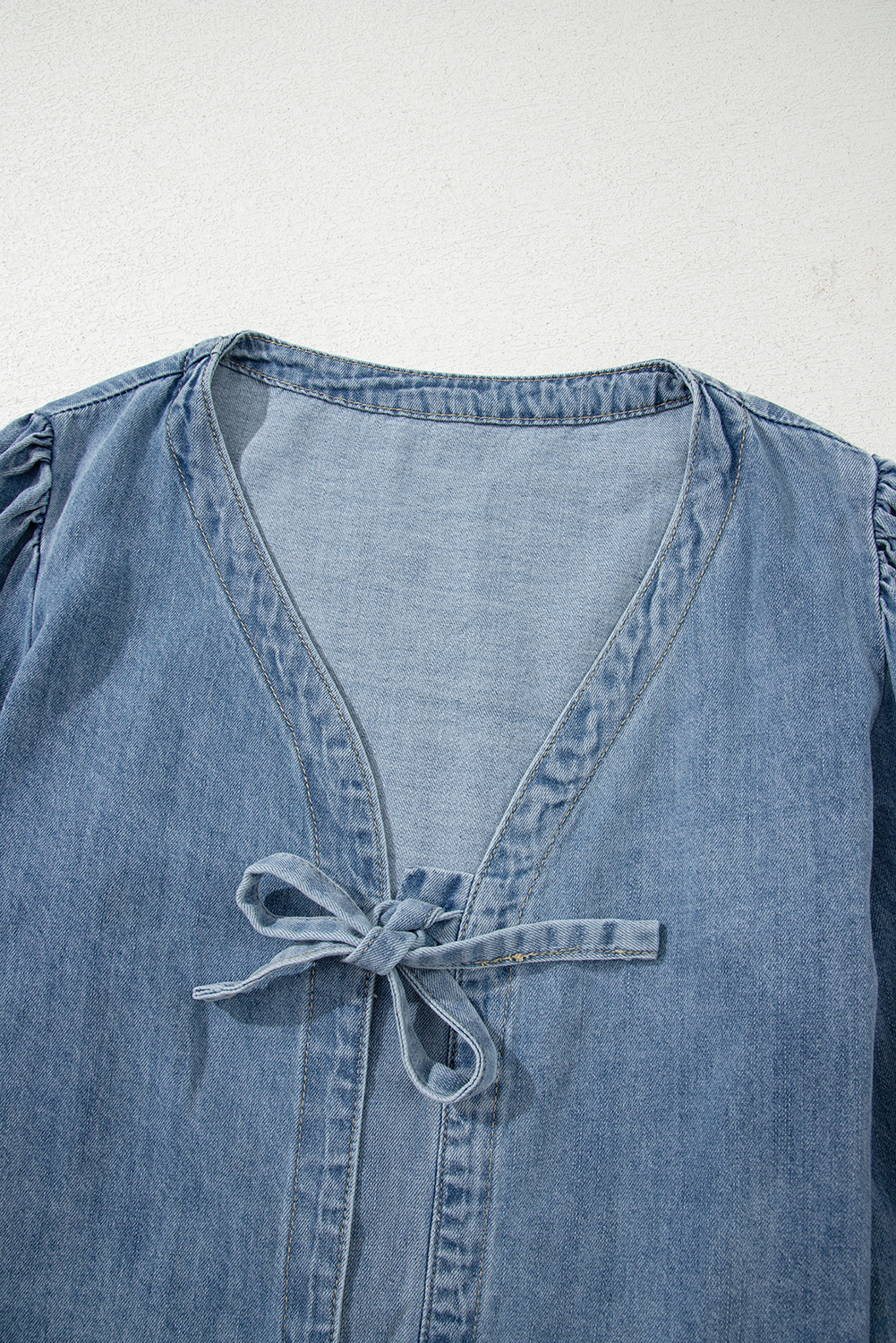 Dusk Blue Tied Front Long Puff Sleeve Denim Top - loveforevers