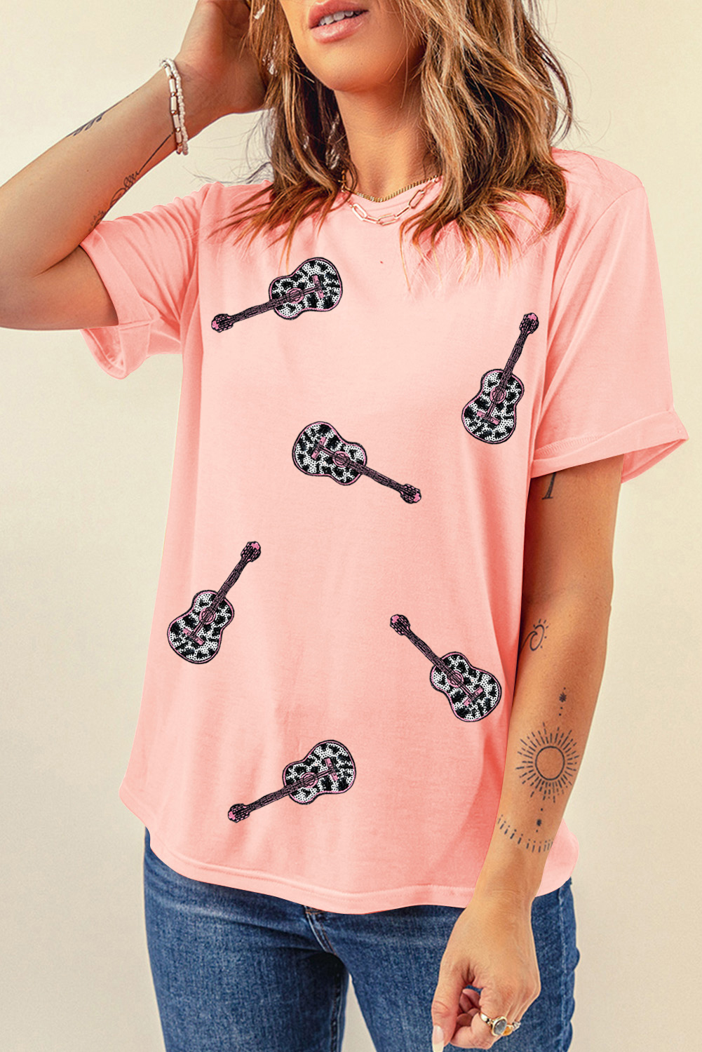 Pink Leopard Guitar Sequin Patch Crew Neck Tee - loveforevers