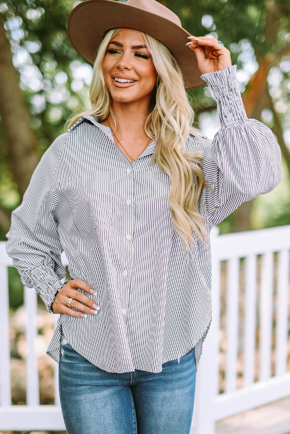 Red Stripe Smocked Cuffed Striped Boyfriend Shirt with Pocket - loveforevers