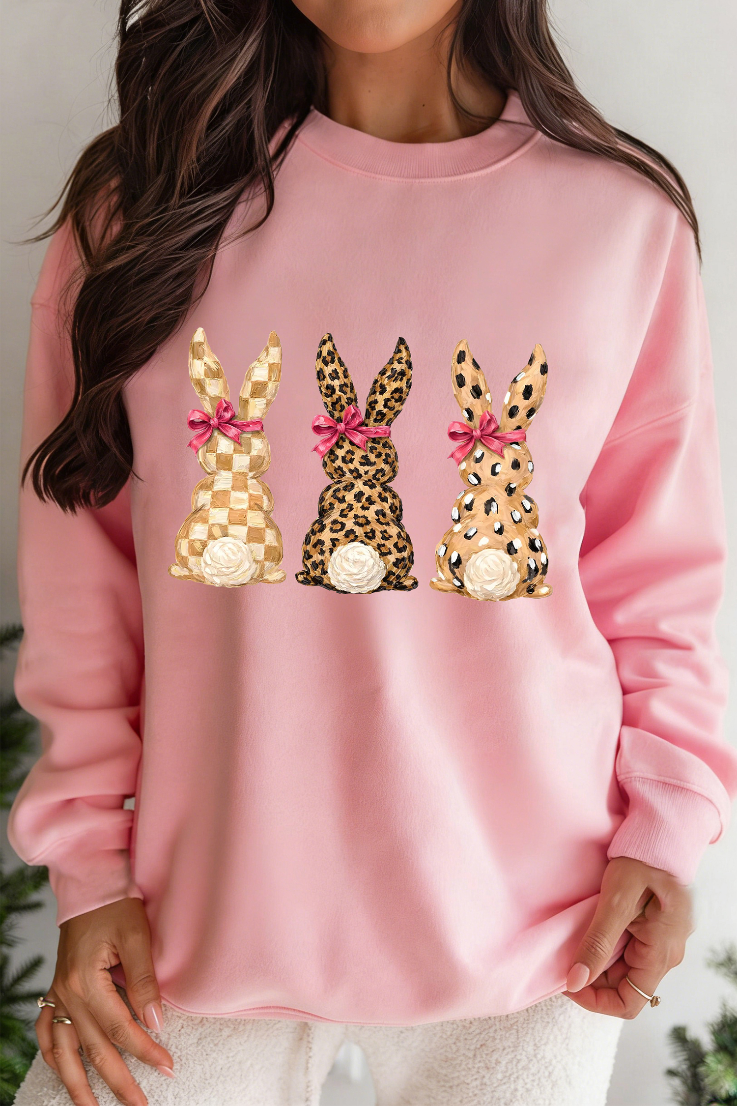 Pink Checkered Leopard Easter Bunny Dropped Shoulder Sweatshirt - loveforevers