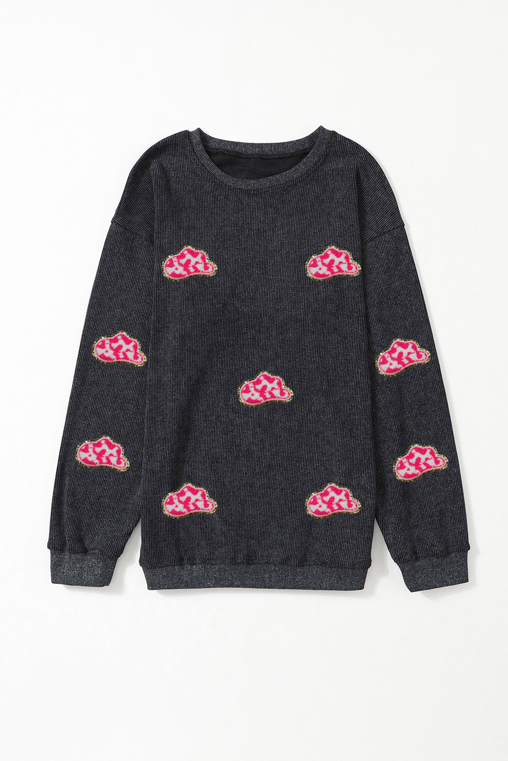Pink Solid Ribbed Knit Round Neck Pullover Sweatshirt - loveforevers