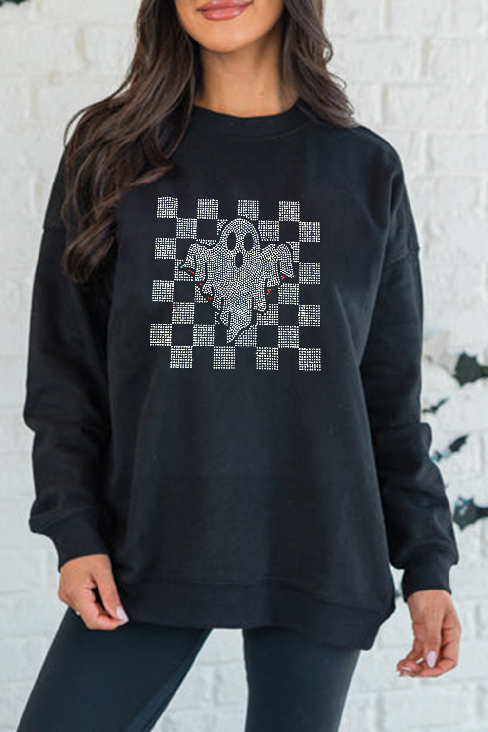 Black Rhinestone Checkered Halloween Ghost Drop Shoulder Sweatshirt - loveforevers