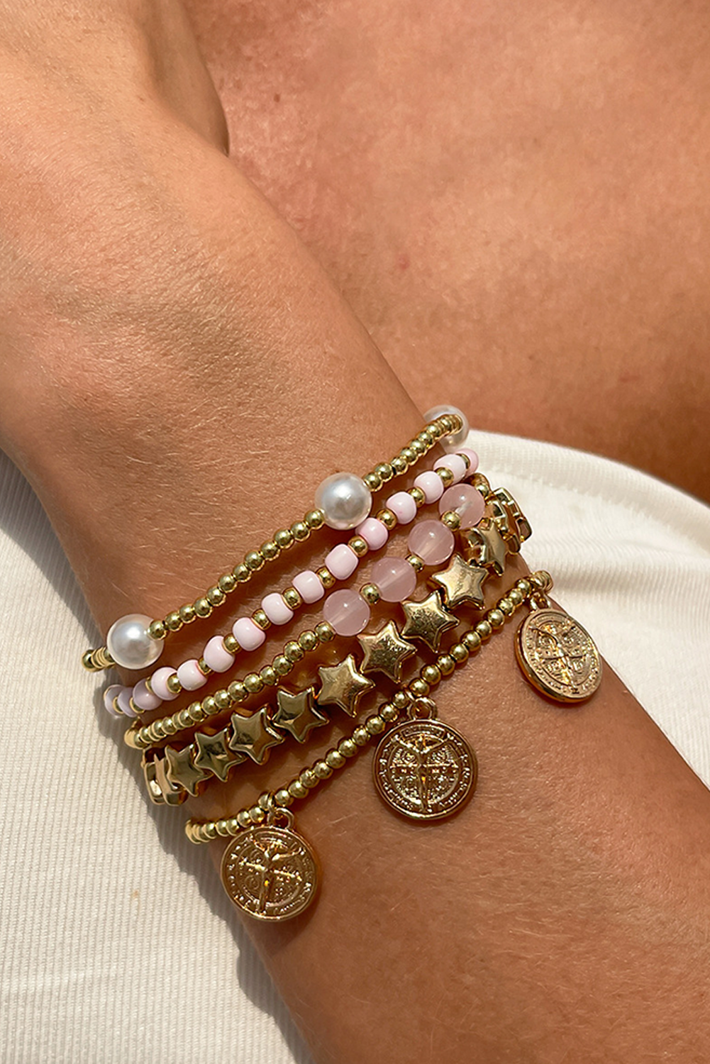 Gold Discs Pearl Stars Beaded Multi Layer Bracelet Set - loveforevers