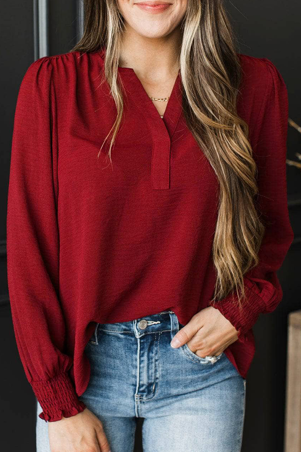 Burgundy Notched Neck Shirred Cuff Long Sleeve Blouse - loveforevers