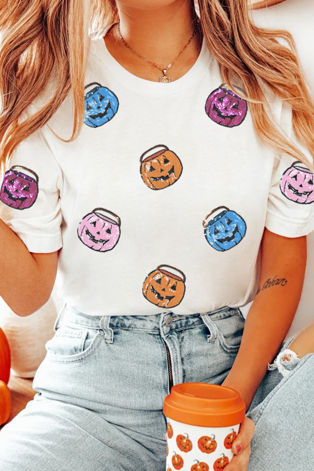 White Sequin Pumpkin Face Patched Crew Neck Holiday T Shirt - loveforevers