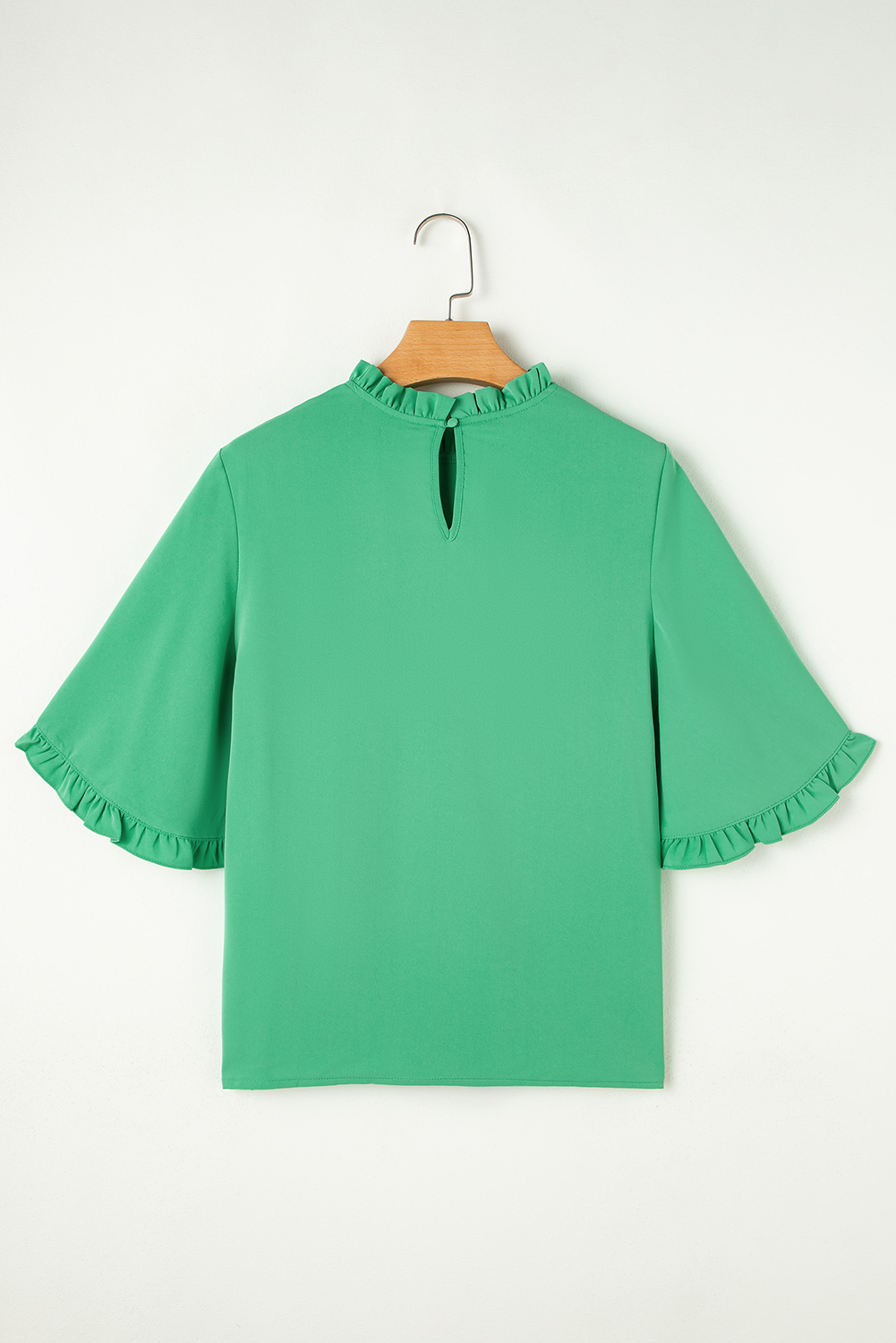 Green Frilly Round Neck Wide Half Sleeve Blouse - loveforevers