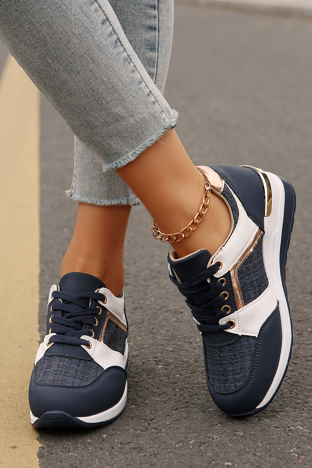Blackish Green Glitter Patched Lace-up Wedge Sneakers - loveforevers