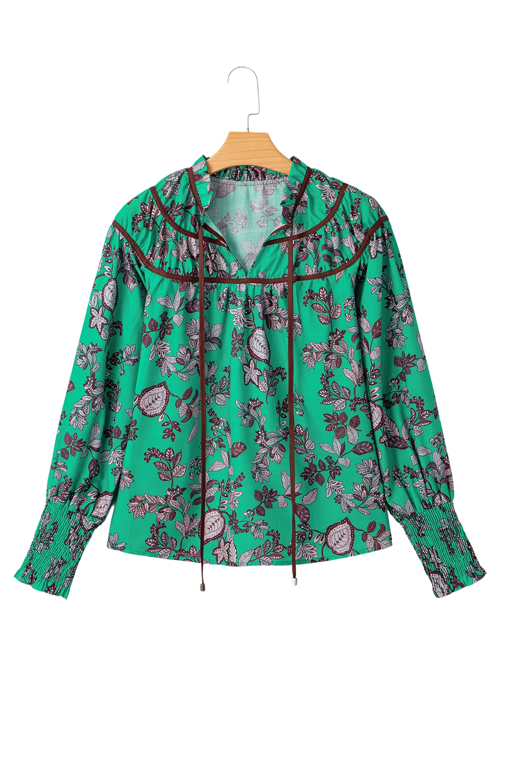 Green Leaves Print Contrast Trim V Neck Shirred Puff Sleeve Blouse - loveforevers