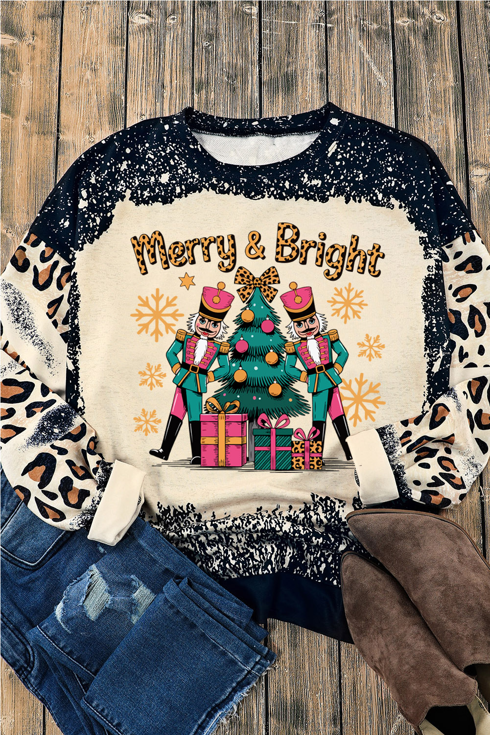 Black Merry&Bright Christmas Nutcracker Printed Leopard Tie Dye Bleached Baggy Sweatshirt - loveforevers